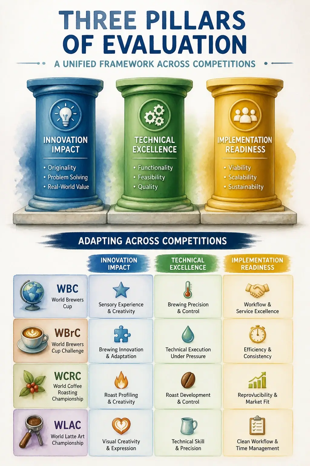 Judging Criteria at Coffee Championships: How Certified Judges Score Your Routine 5 Infographic showing three-pillar evaluation framework adapting across WBC, WBrC, WCRC, and WLAC competitions with relationships between criteria and competition types