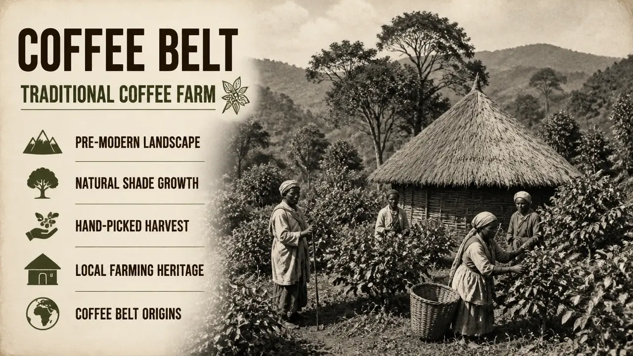 The Coffee Belt Explained: Where Coffee Grows, Who Grows It, and Why That Map Is Changing 5 Archival photograph of a traditional coffee farm within the Coffee Belt, showing pre-modern landscape with shade trees and manual coffee picking before colonial plantations