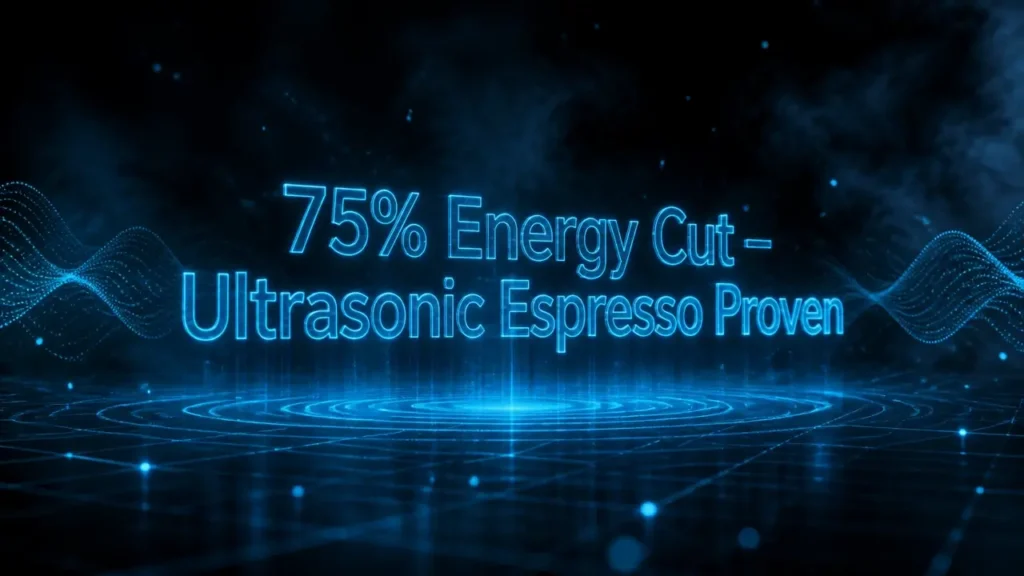 Holographic typography floating in misty darkness announcing ultrasonic espresso energy reduction of 75%