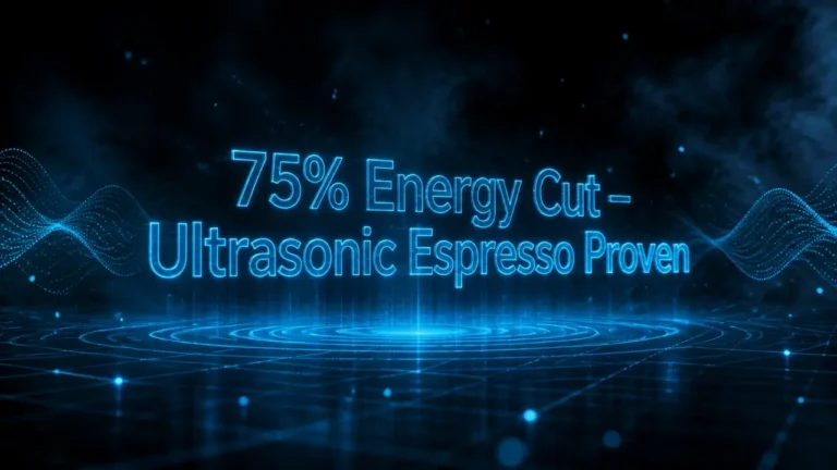 Holographic typography floating in misty darkness announcing ultrasonic espresso energy reduction of 75%