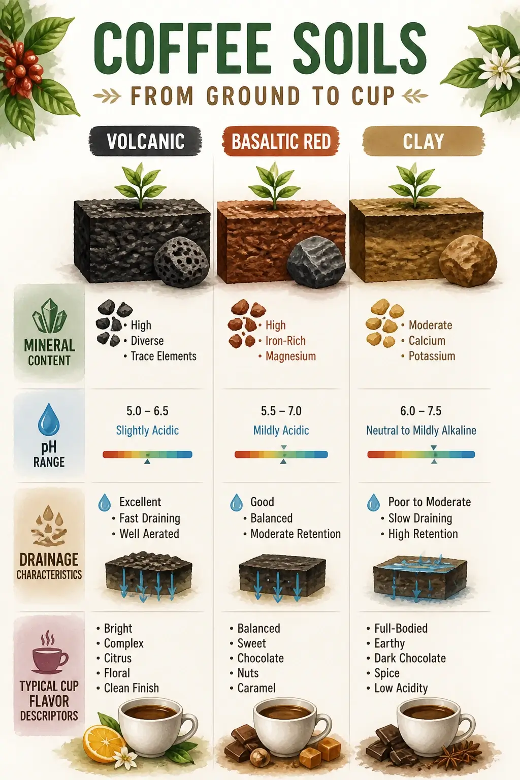 Infographic comparing volcanic soil for coffee showing mineral content pH range drainage and flavor descriptors with 3D watercolor style