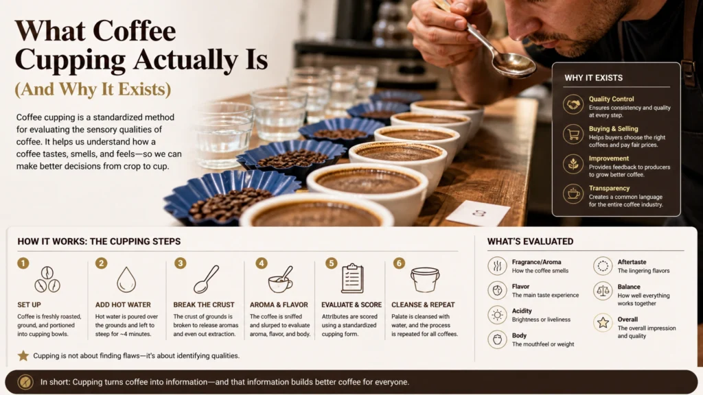 An infographic explaining what coffee cupping is, why it exists (quality control, buying, improvement, transparency), how the 6-step process works, and what sensory qualities (aroma, flavor, acidity, body) are evaluated.