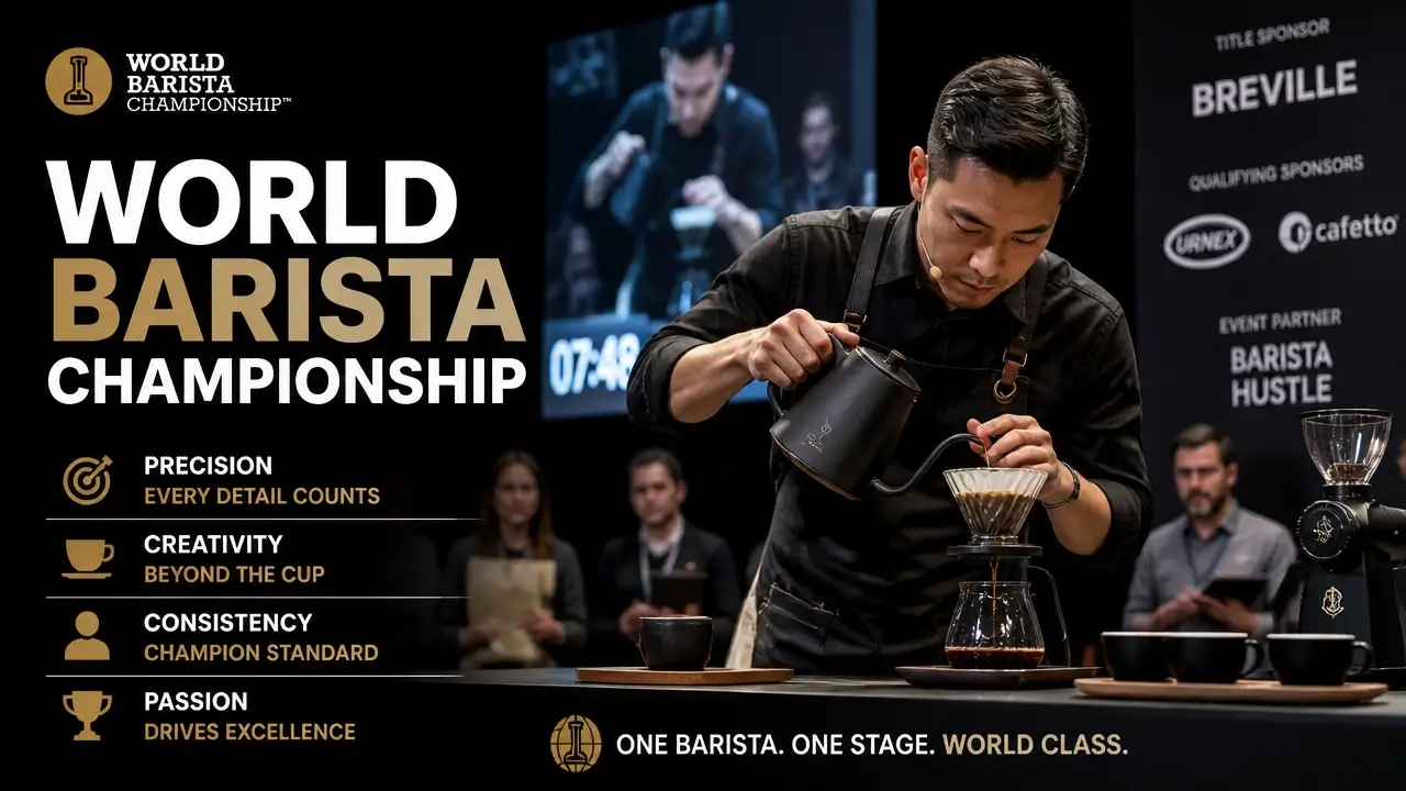 Coffee Competitions: What They Are, How They Work, and Why They Matter 5 Barista performing on stage at World Barista Championship with professional coffee setup