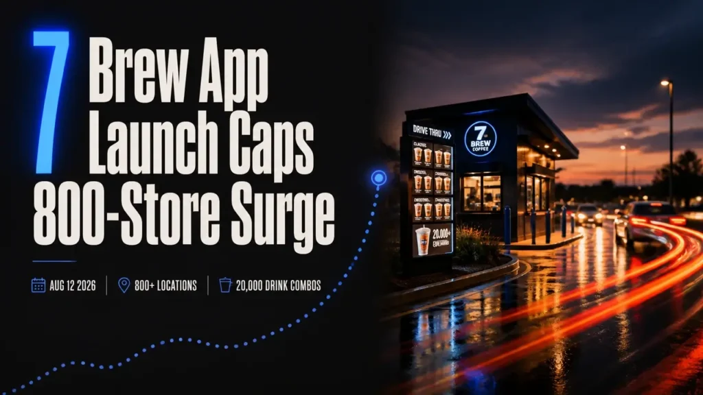 Split design for 7 Brew mobile app launch with glowing drive-thru stand at dusk and 800-store growth typography