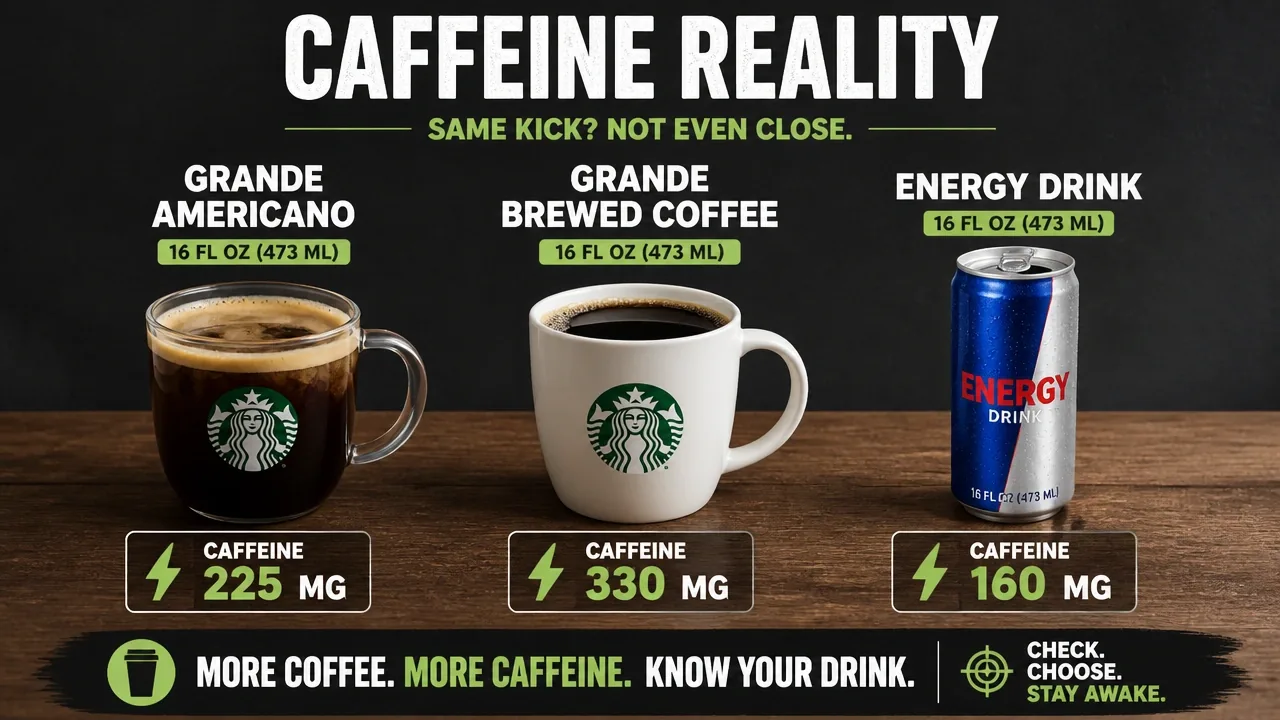Overhead view of Grande Americano, brewed coffee, and 16 oz energy drink with labels and serving volumes