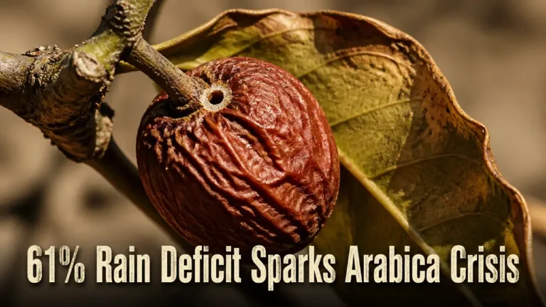 Close-up of a shriveled Arabica coffee cherry with a pest hole, dry leaf, muted colors, illustrating monsoon deficit and crop strain.