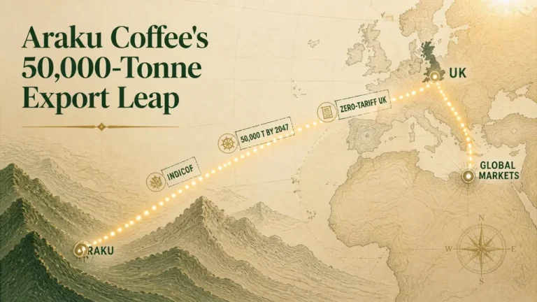 Cartographic map with 50,000 Tonnes by 2047 typography, evoking Araku coffee production target and India export ambition.