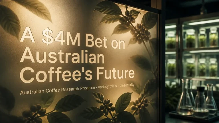 Backlit frosted glass panels with Australian coffee research program typography and coffee leaf silhouettes