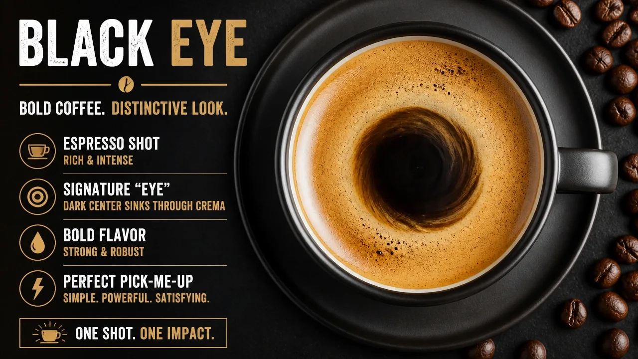 Overhead view of a black eye coffee, dark espresso layer dropping through golden crema, resembling a human eye.