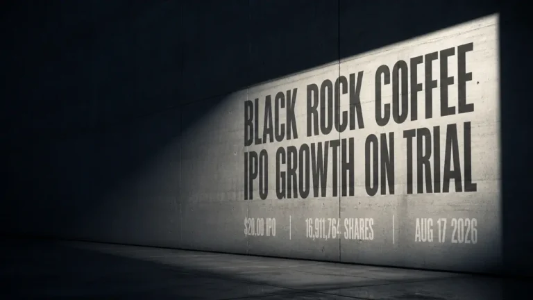 Projected court-case headline over dark concrete wall captures Black Rock Coffee securities lawsuit and IPO tension.