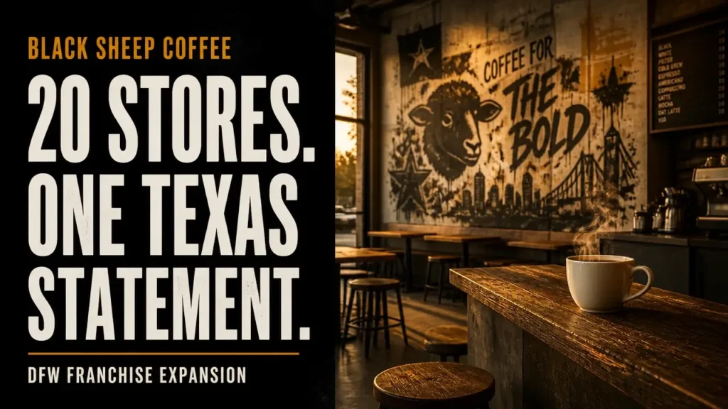 Bold typography and moody coffee-shop photo capture Black Sheep Coffee's 20-store DFW franchise expansion.