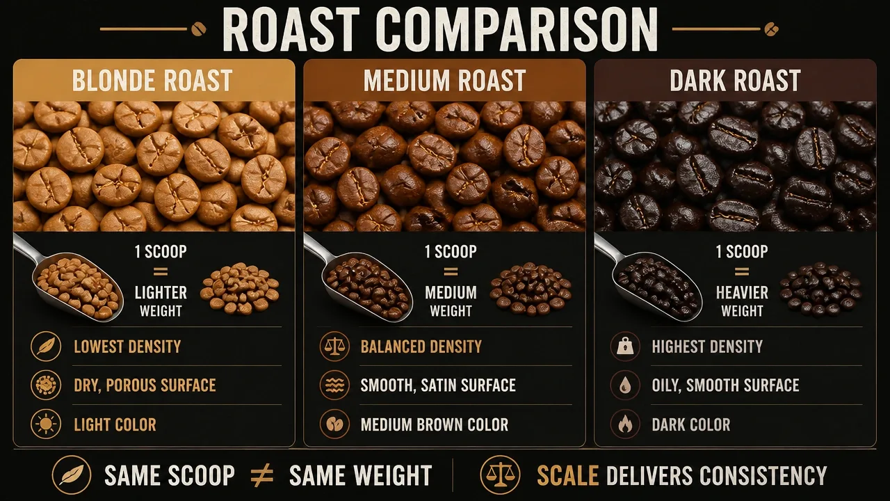 Macro comparison of blonde, medium, and dark roast coffee beans showing color and texture differences.