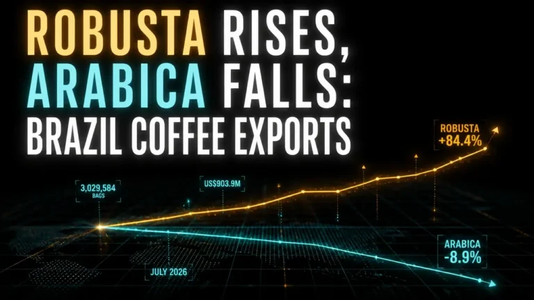 Brazil coffee exports shift to Robusta in glowing amber and cyan data streams with July stats.