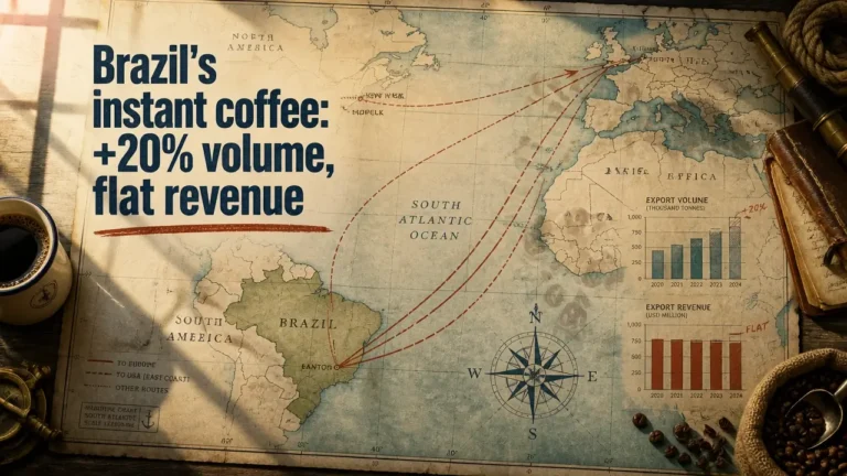 Brazilian instant coffee exports surge shown as typographic overlay on a maritime chart with trade routes