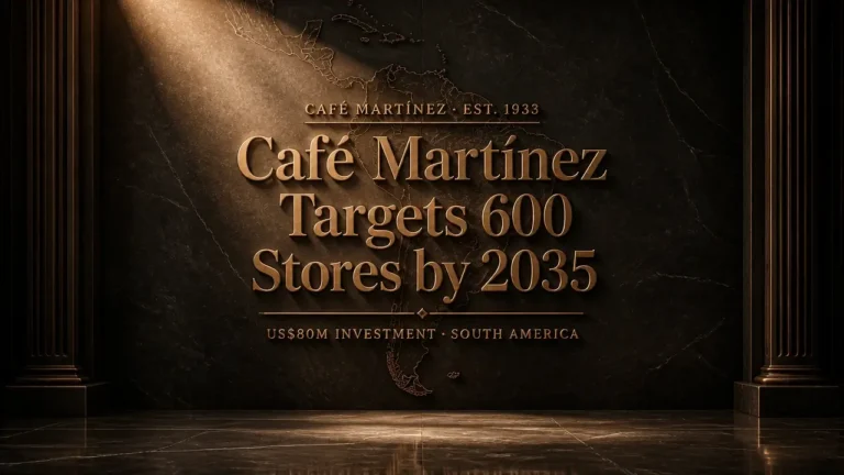 Cafe Martinez expansion headline '600 Stores by 2035' bronze embossed on dark marble, South America map etched.