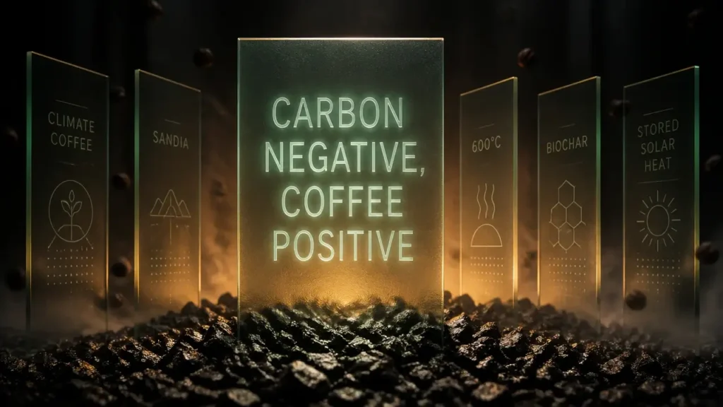 Carbon negative coffee roasting headline etched on frosted glass with biochar texture and warm lab light.