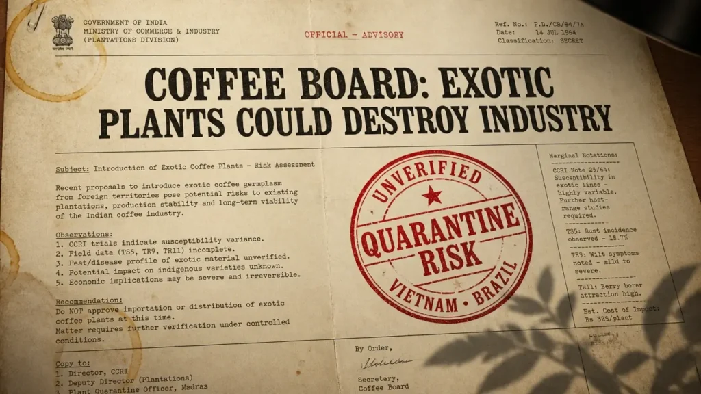 Red quarantine stamp on aged advisory document warning against unverified exotic coffee plants.