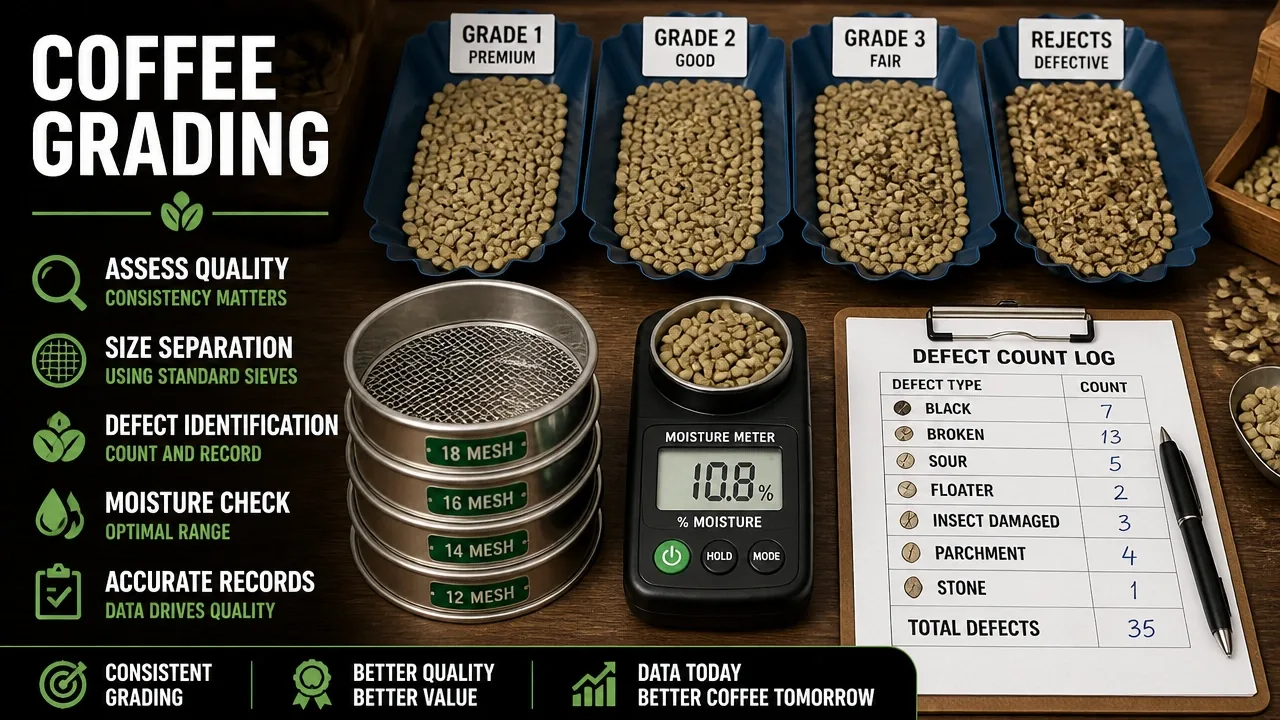 Macro shot of green coffee grading samples on sieve screens with a moisture meter and a handwritten defect-count log on a table.