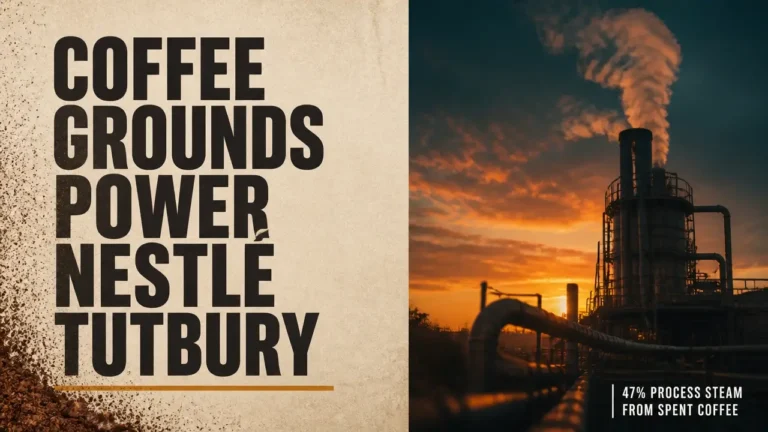 Split image with headline 'Coffee grounds power Nestlé Tutbury' and moody boiler steam illustrating coffee grounds biomass energy.