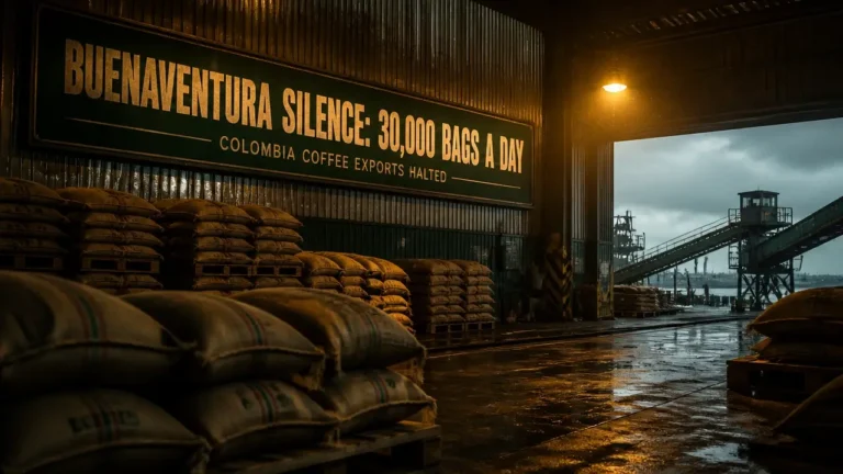 Empty Buenaventura warehouse with stacked burlap coffee bags as Colombian coffee exports halt after quake