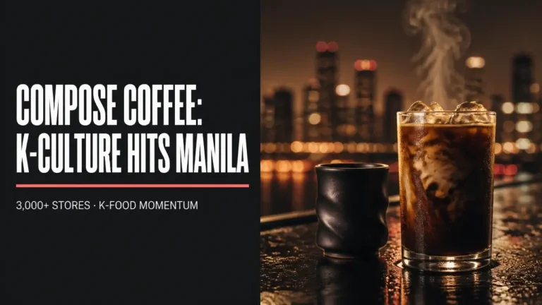 Compose Coffee Philippines split composition with K-coffee typography and iced coffee on dark urban backdrop