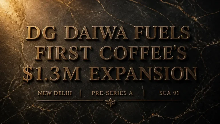 Bronze embossed headline about DG Daiwa's $1.3M investment in India specialty coffee chain First Coffee over dark marble