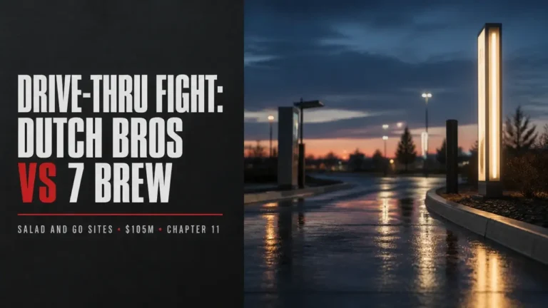 Dutch Bros 7 Brew challenge illustrated by split design: red headline over dark panel and empty drive-thru lane at dusk.
