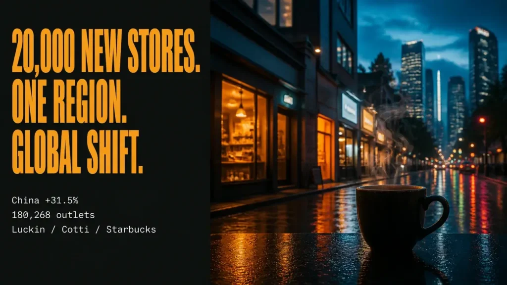 Split editorial graphic showing East Asia coffee market growth stats over moody urban coffee scene at dusk