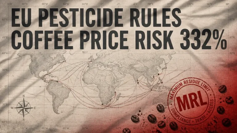 Cartographic map with EU coffee pesticide rules price risk headline 332% and red MRL stamp