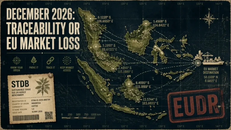 Cartographic EUDR coffee traceability illustration with Indonesian supply chain routes, coordinate markers and 2026 deadline typography.