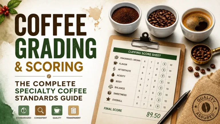 Coffee grading and scoring guide featuring specialty coffee standards with beans, cupping scores, and quality assessment visuals