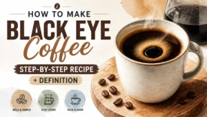 Infographic từng bước hướng dẫn cách pha cà phê black eye minh họa nguyên liệu và quy trình kết hợp cùng các shot espresso