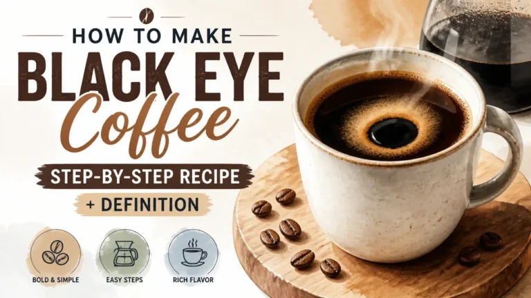 Step-by-step infographic on how to make black eye coffee, showing recipe ingredients and brewing process with espresso shots