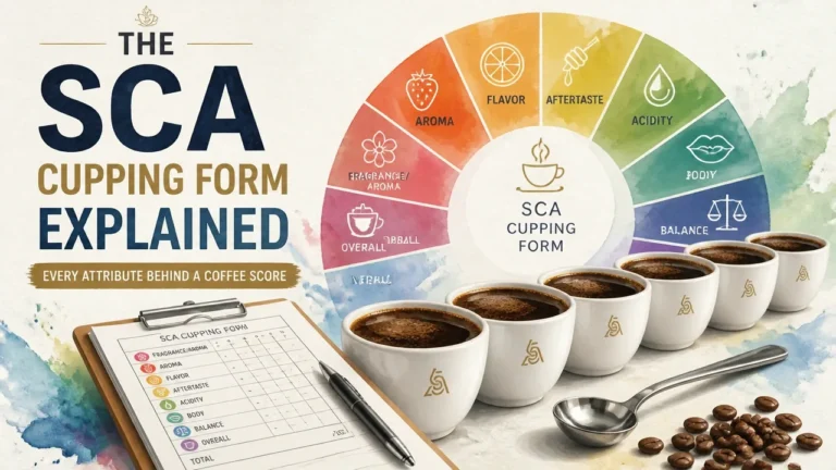 The SCA Cupping Form Explained: Every Attribute Behind a Coffee Score, shown in a modern visual guide to coffee scoring.