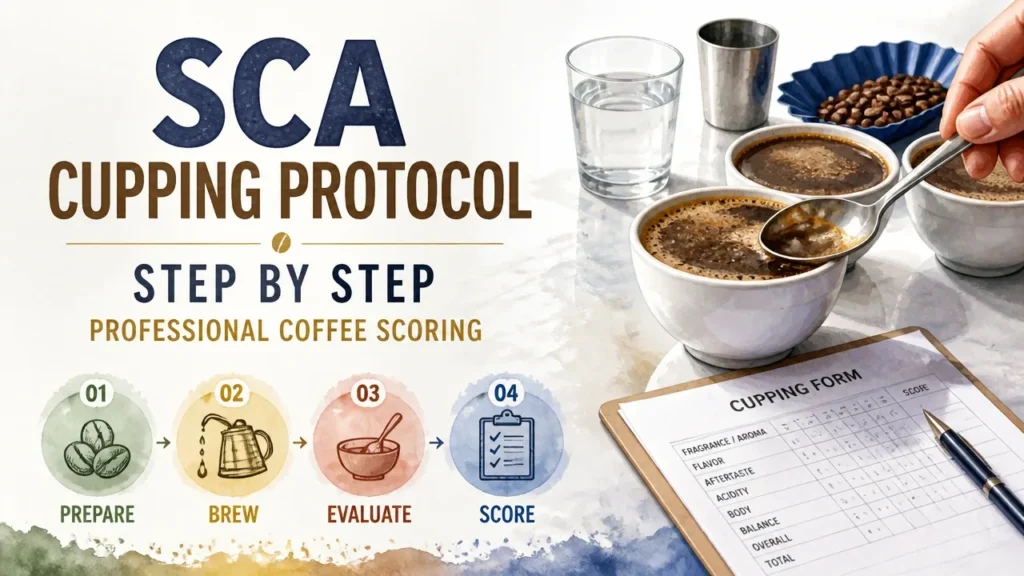 SCA Coffee Cupping Protocol Steps: The Complete Standards-Compliant Guide for Professionals 3 SCA cupping protocol step by step for professional coffee scoring, showing cupping bowls, spoons, and evaluation forms on a bright table.