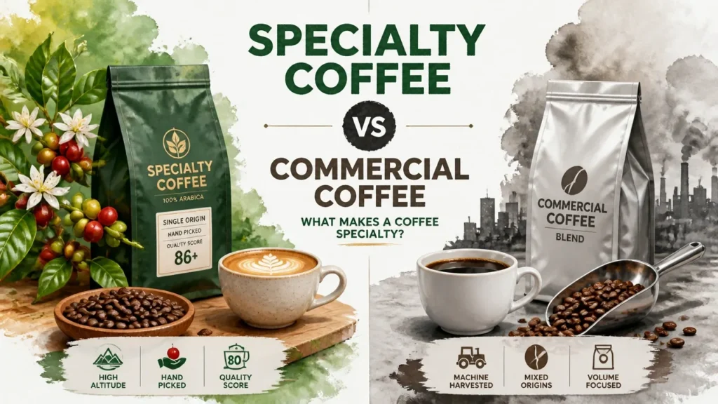 Specialty vs Commercial Coffee Grade: The Buyer's Complete Decision Framework 5 Specialty coffee vs commercial coffee grade comparison infographic showing quality differences, including origin, scoring, and flavor profiles that make coffee specialty.