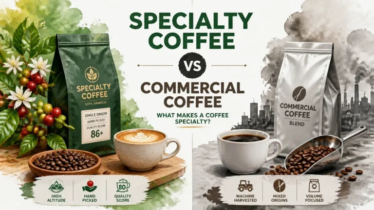 Specialty coffee vs commercial coffee grade comparison infographic showing quality differences, including origin, scoring, and flavor profiles that make coffee specialty.