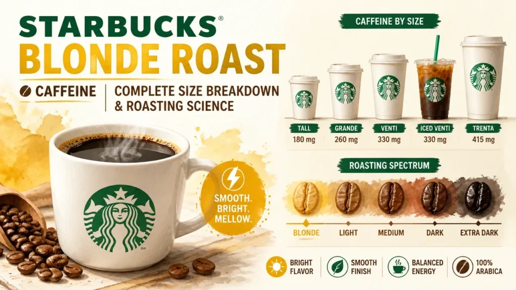 Starbucks Blonde Roast Caffeine: Every Size, Every Roast, and the Safety Number You Need to Know 2 Starbucks Blonde Roast Caffeine complete size breakdown and roasting science infographic showing caffeine content by cup size.