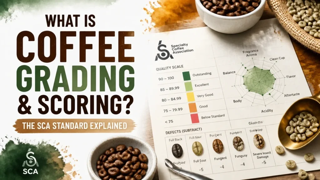 Coffee Grading and Scoring Meaning: The Two-Gate Quality System Every Coffee Professional Needs to Know 8 SCA standard coffee grading and scoring explained with infographic of green coffee beans and cupping score chart.