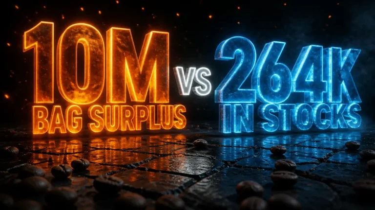 Glowing 3D typography contrasting 10 million bag global coffee surplus with 264K stocks on dark slate.