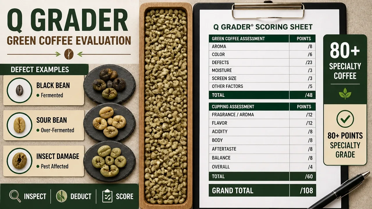 Macro photo of green coffee beans showing black bean, sour bean, and insect damage next to a Q Grader scoring sheet.