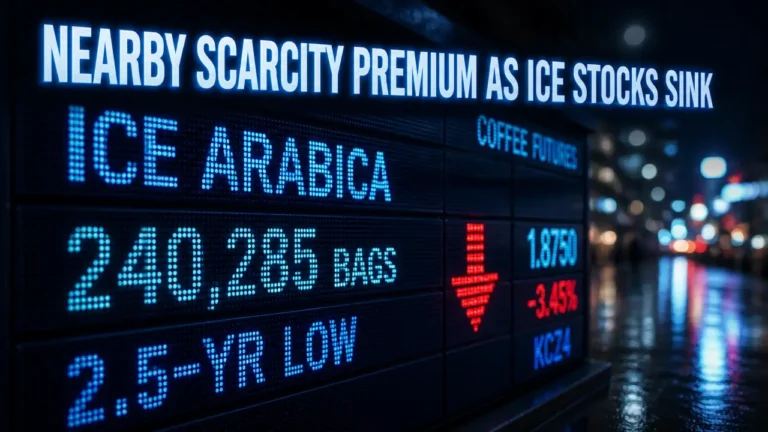 Glowing LED ticker data shows a 2.5-year low in ICE arabica coffee stocks amid dark city bokeh.