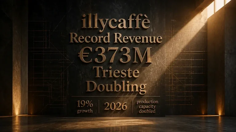 Bronze embossed text highlights illycaffè revenue growth at €373M, with Trieste production expansion