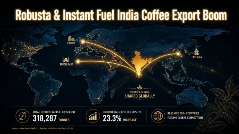 Stylized world map with glowing trade routes and headline about India coffee exports surge driven by robusta and instant coffee