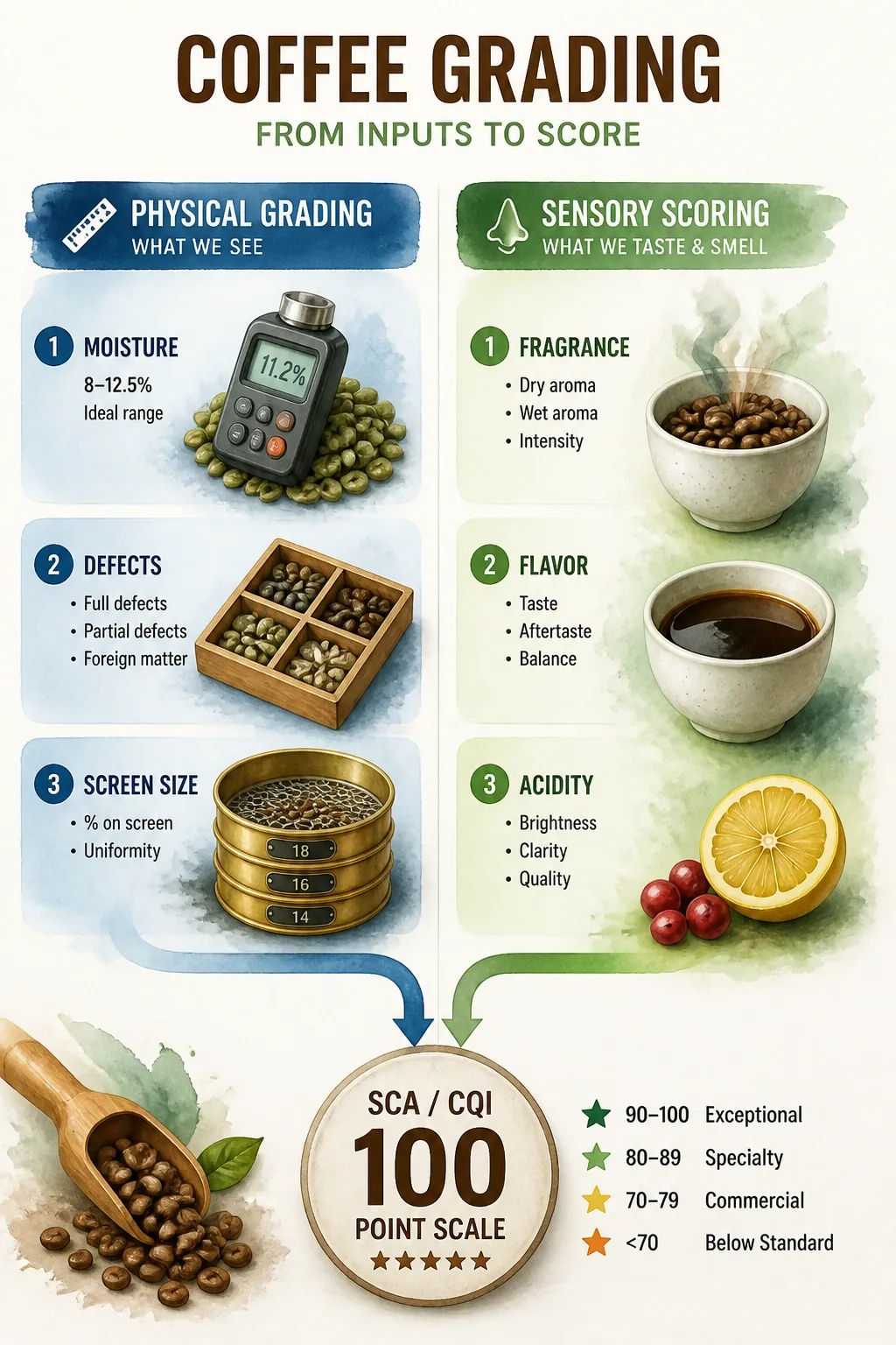 Infographic comparing physical grading (moisture, defects, size) with sensory scoring (fragrance, flavor, acidity) on SCA/CQI.