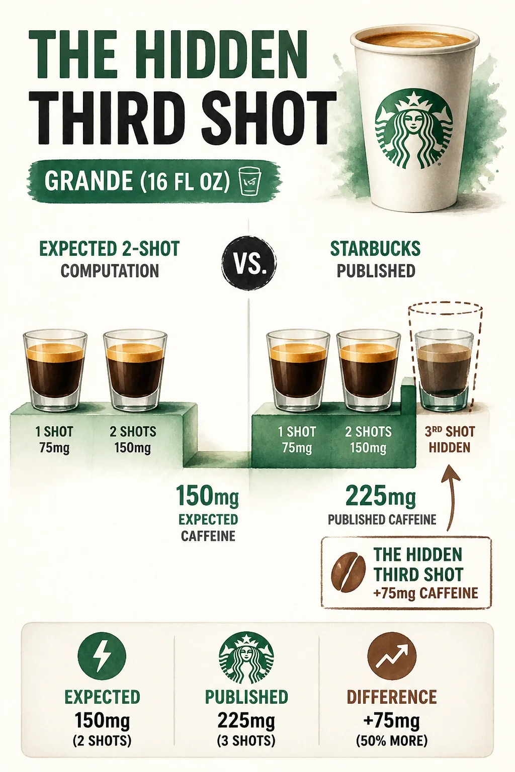 Step-flow bar diagram comparing 150mg expected vs Starbucks' 225mg for Grande, with dashed highlight for hidden third shot.