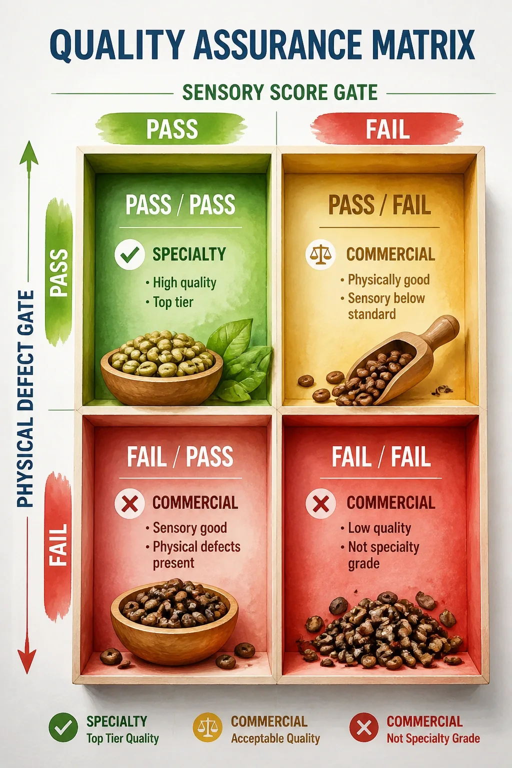 QA matrix: physical defect and sensory score gates pass/fail classify specialty vs commercial; conflict blocks specialty.