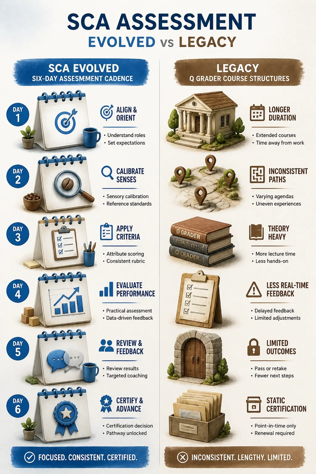SCA Evolved six-day cadence vs legacy Q Grader structure infographic, comparing assessment workflows in 3D watercolor style.