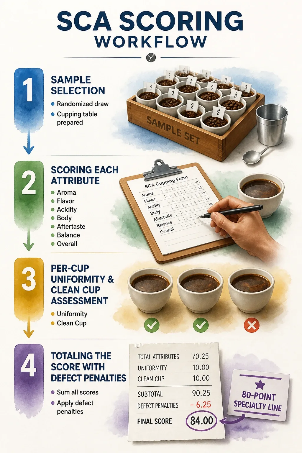 SCA scoring workflow: sample selection, attribute scoring, per-cup uniformity, clean cup assessment, 80-point specialty line.