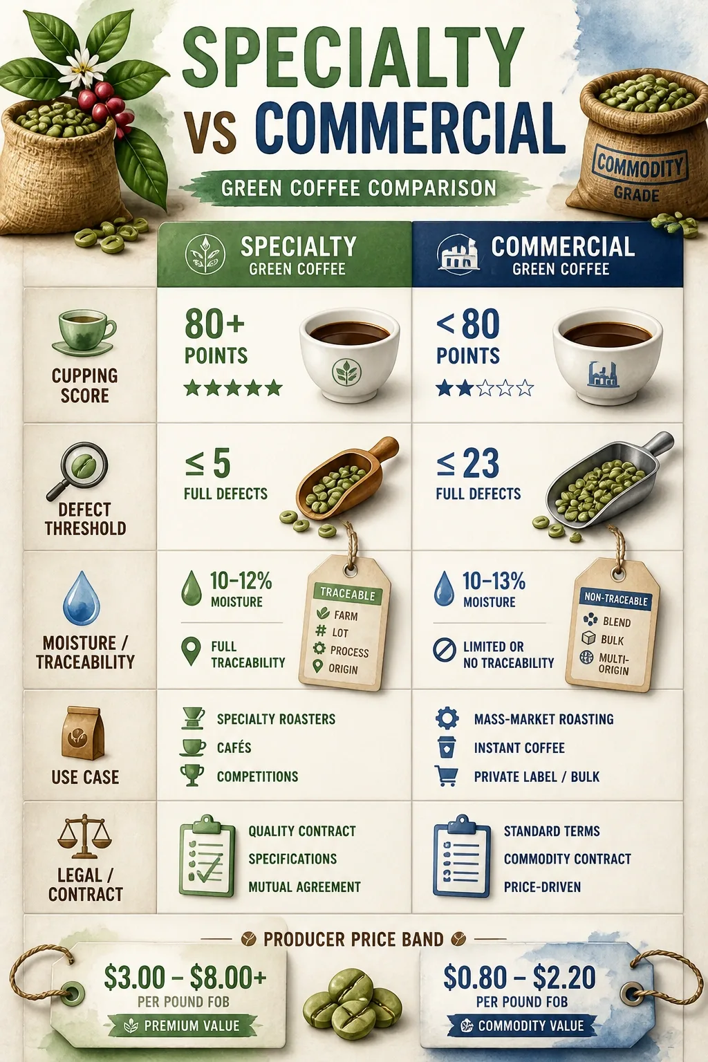 Multi-axis infographic comparing specialty vs commercial green coffee across cupping score, defects, moisture, traceability, price bands, and contract status.